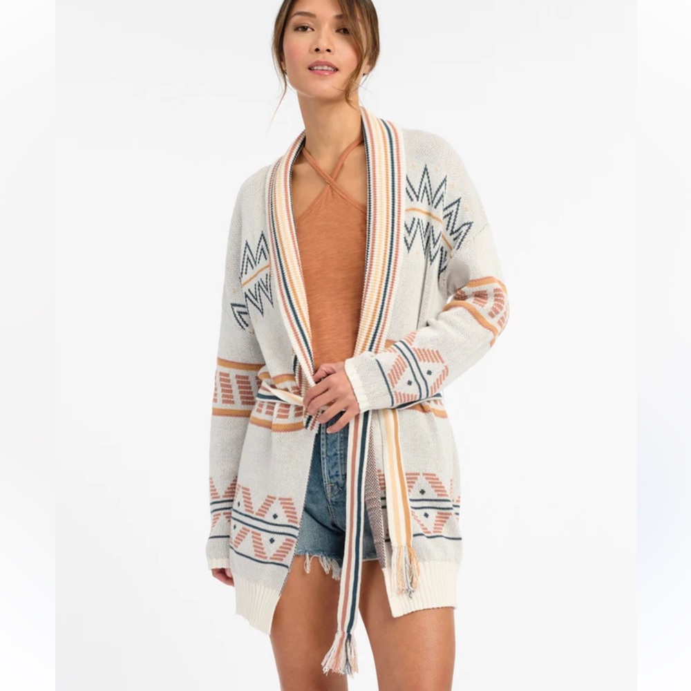 Splendid Cream Aztec-Pattern Tie-Belt Cardigan with Rust & Navy Accents